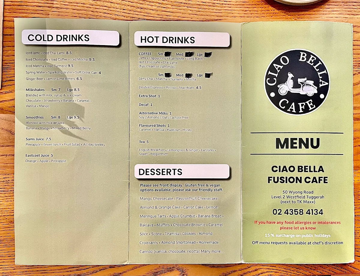 Menu, Ciao Bella fusion cafe