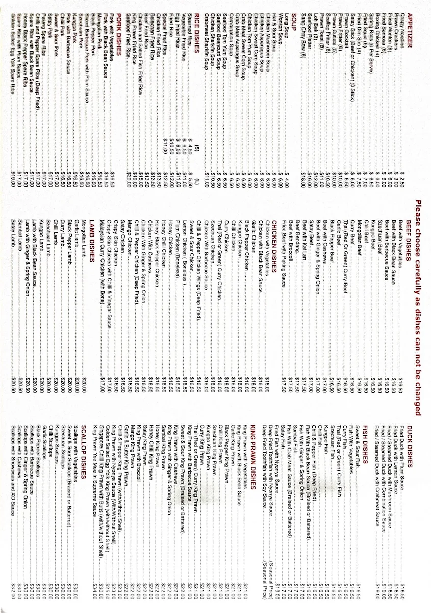 Menu, Springs Chinese Restaurant