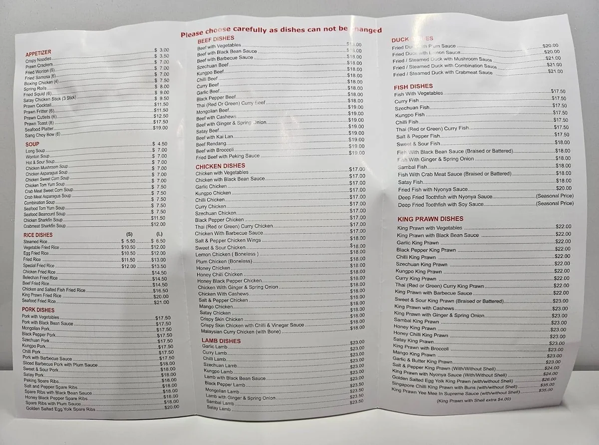 Menu, Springs Chinese Restaurant