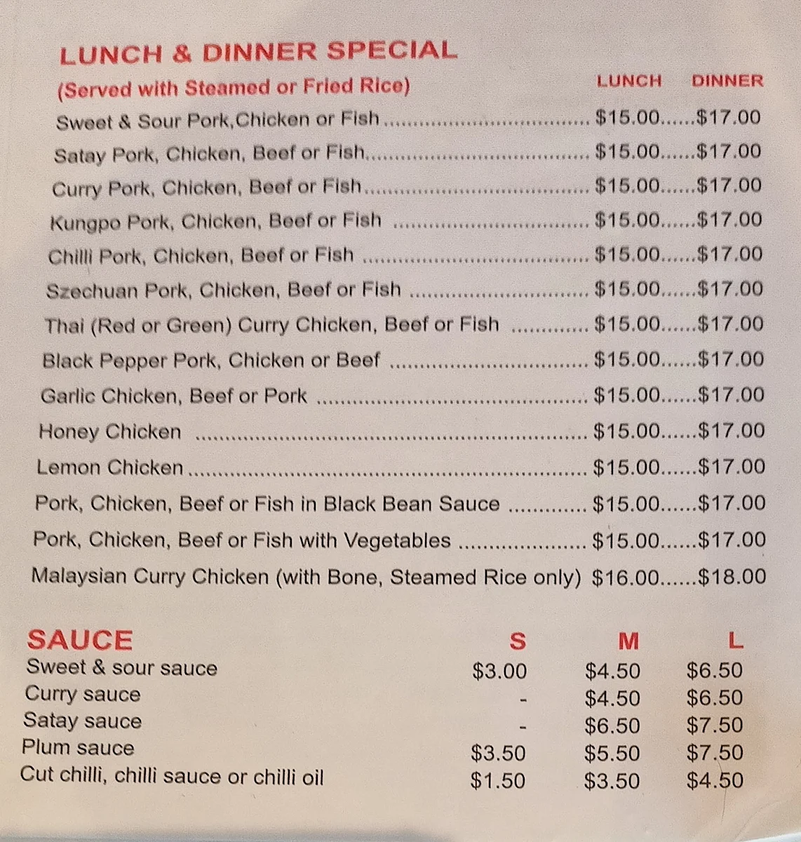 Menu, Springs Chinese Restaurant
