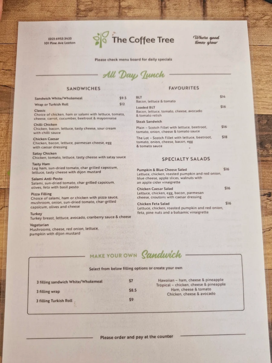 Menu, The Coffee Tree