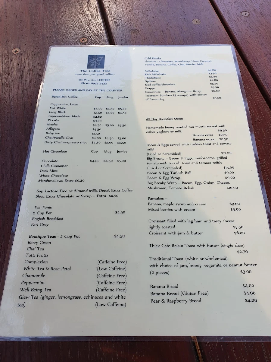 Menu, The Coffee Tree