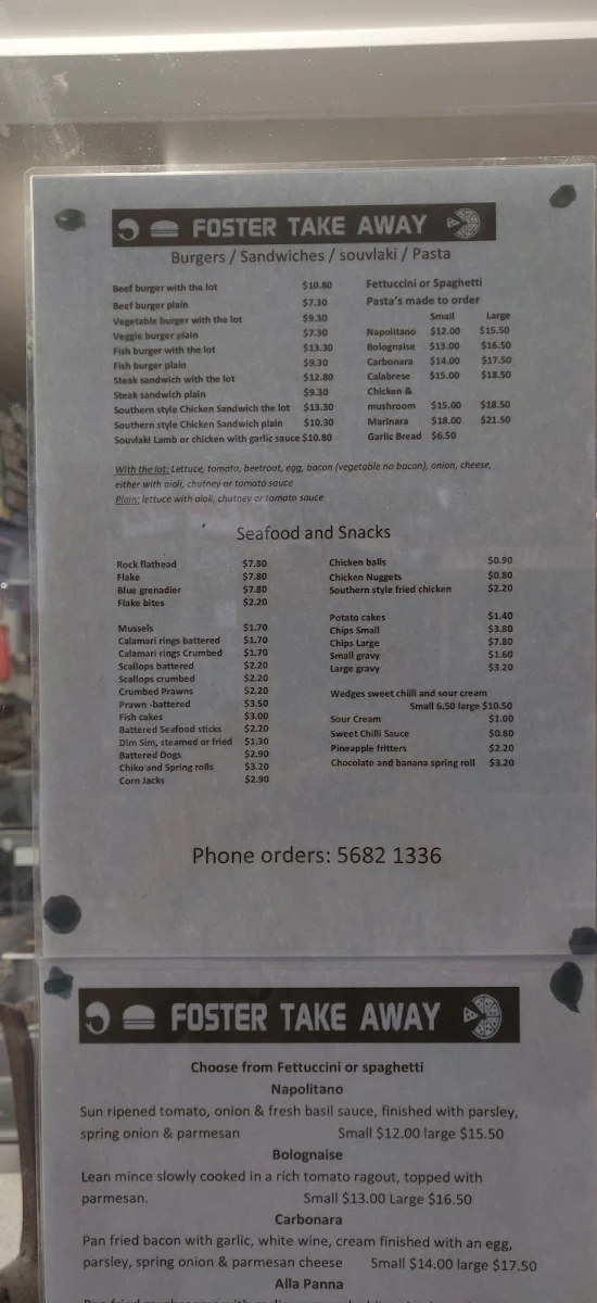 Menu, Foster Take Away