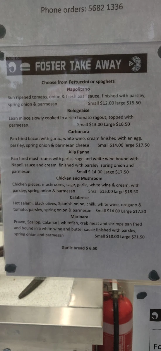 Menu, Foster Take Away