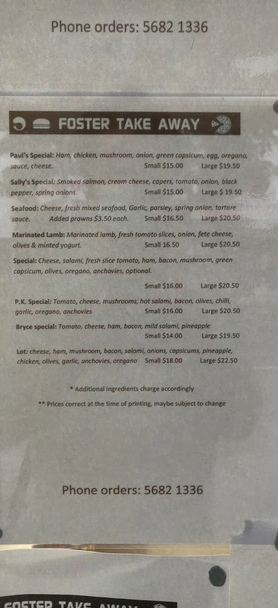 Menu, Foster Take Away