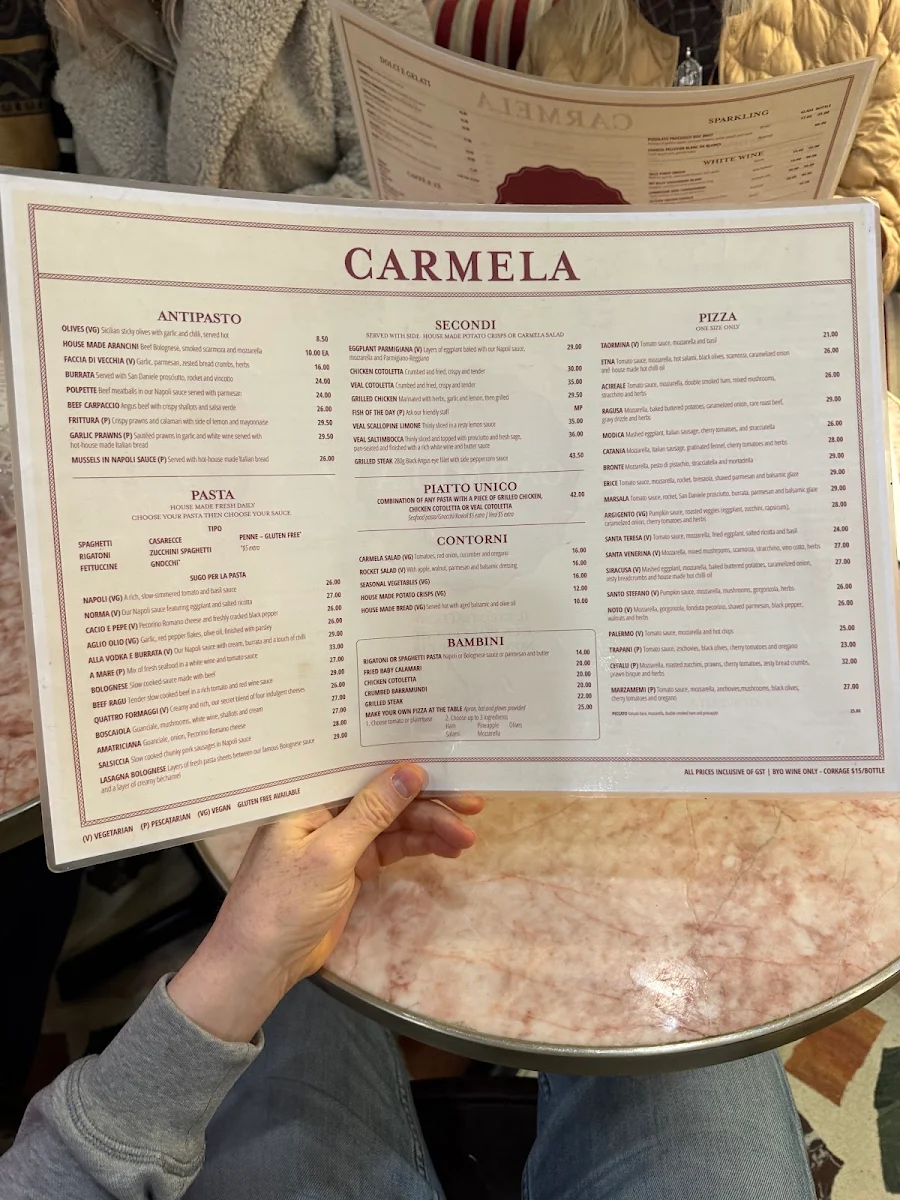 Menu, CARMELA Nonna of Piccolina