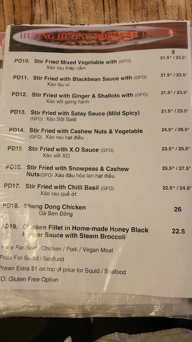 Menu, Huong Huong Marrickville