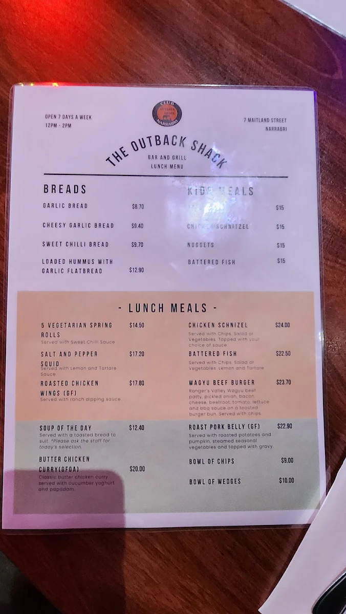 Menu, THE Outback Shack Bar & Grill