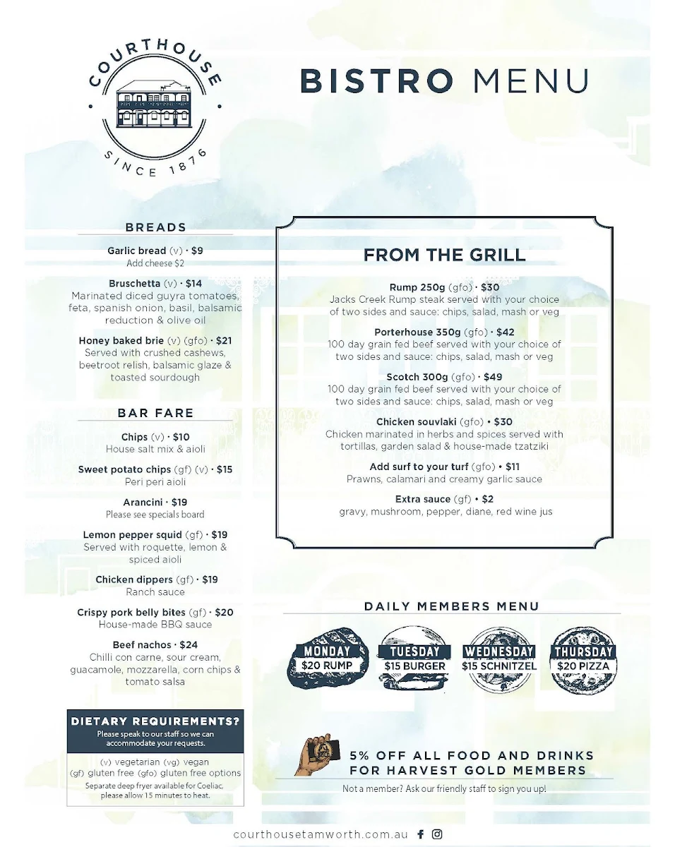Menu, The Courthouse Hotel, Tamworth