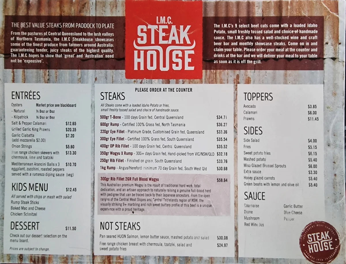Menu, IMC Steak House