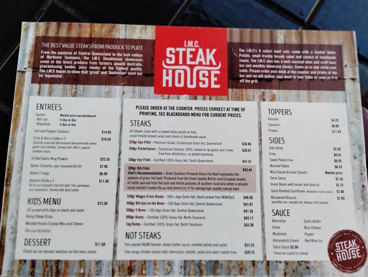Menu, IMC Steak House