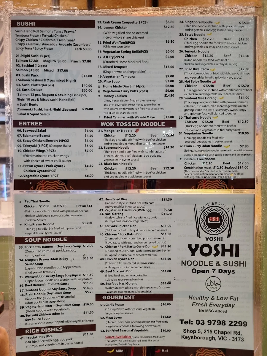 Menu, Yoshi Noodle & Sushi