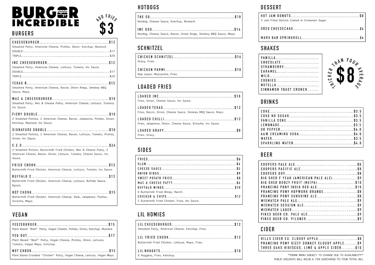 Menu, Burger Incredible
