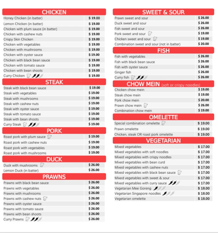 Menu, Chinaman restaurant