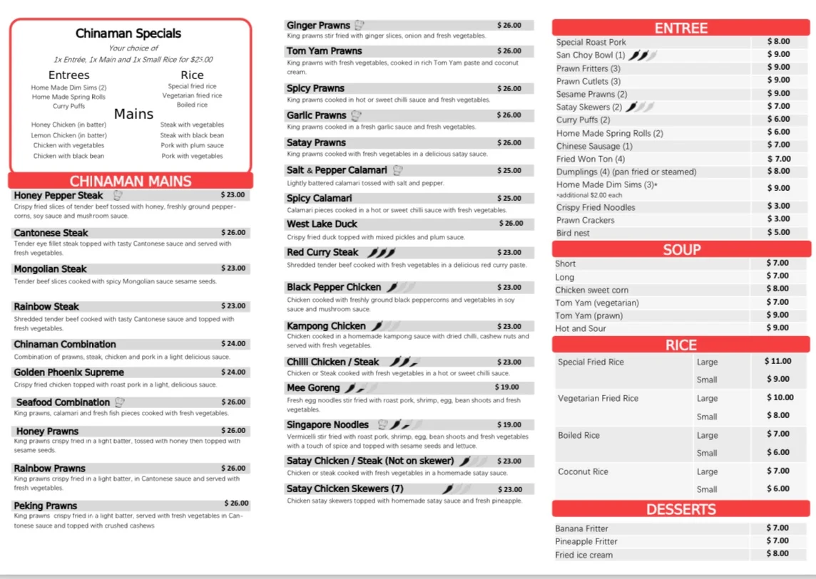 Menu, Chinaman restaurant