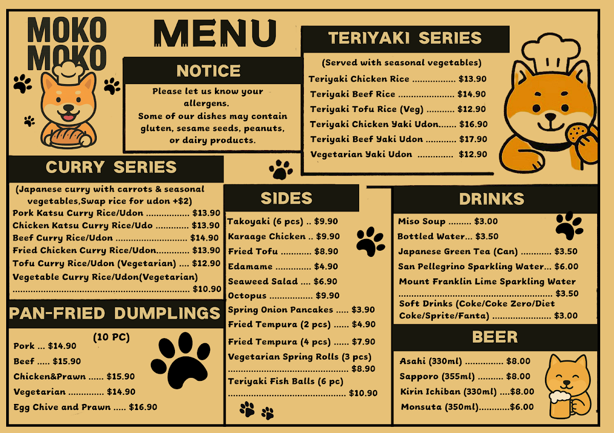 Menu, Moko Moko Curry House