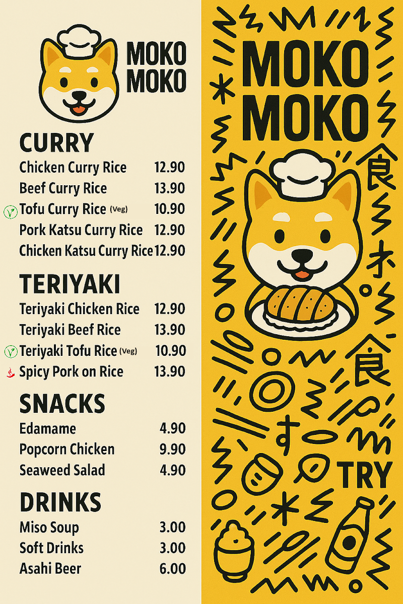 Menu, Moko Moko Curry House