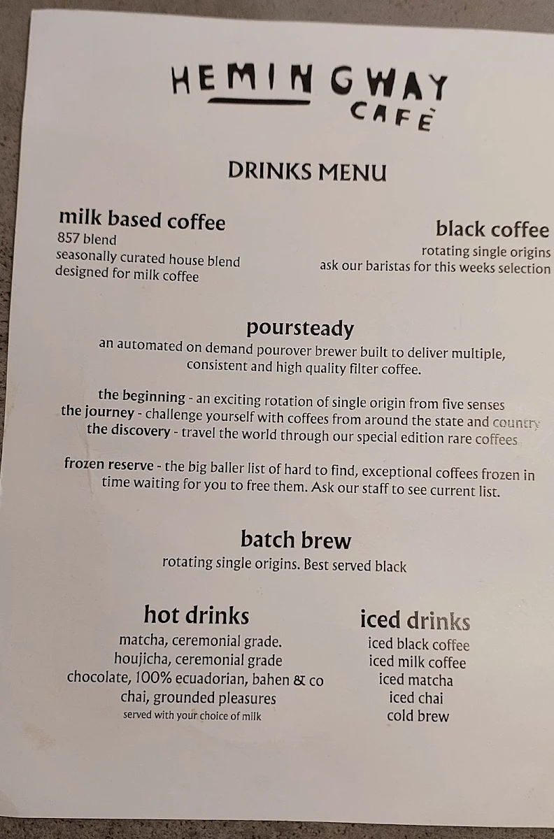 Menu, Hemingway Cafe