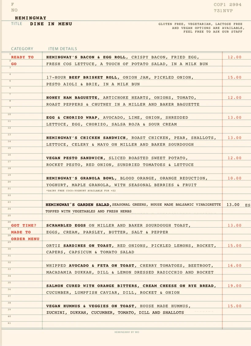 Menu, Hemingway Cafe
