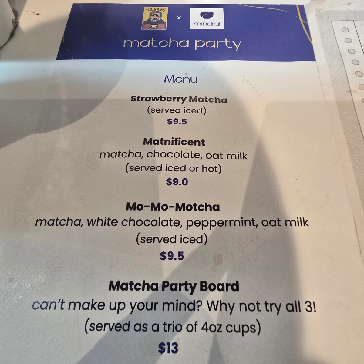 Menu, Hemingway Cafe