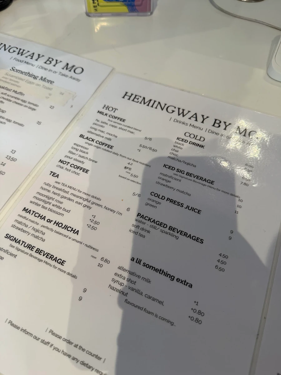 Menu, Hemingway Cafe