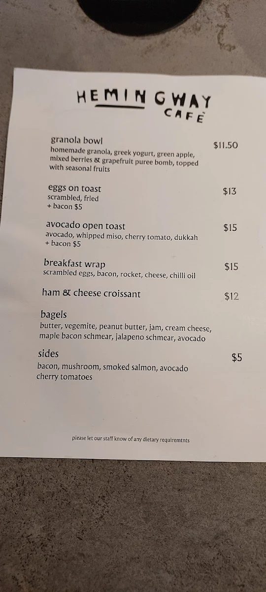 Menu, Hemingway Cafe
