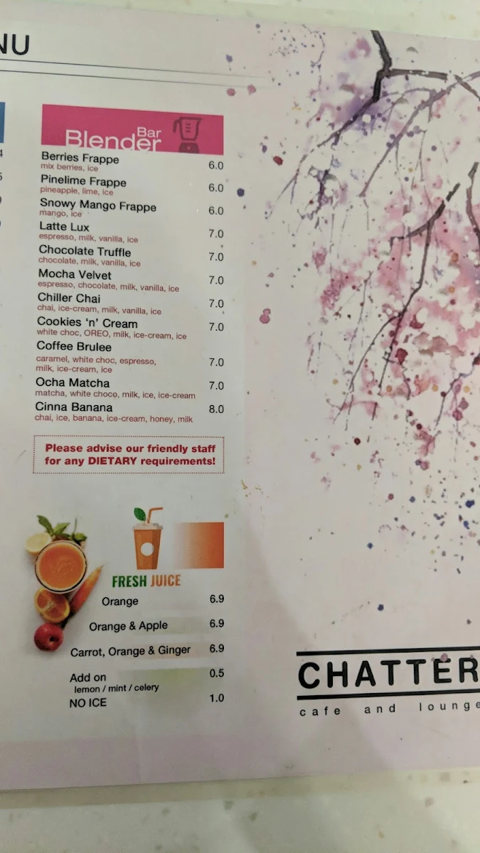 Menu, Chatterbox Cafe & Lounge Bar