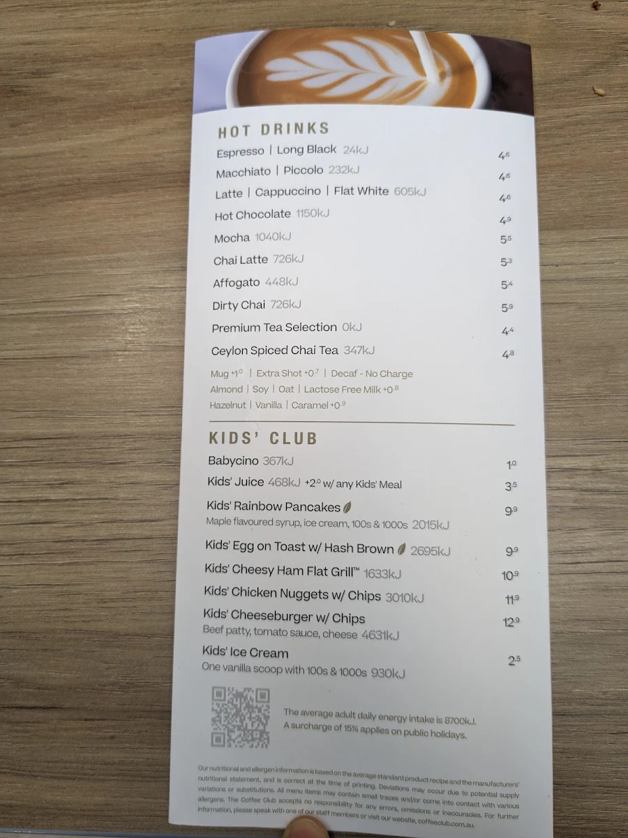 Menu, The Coffee Club Cafe - Altona Gate