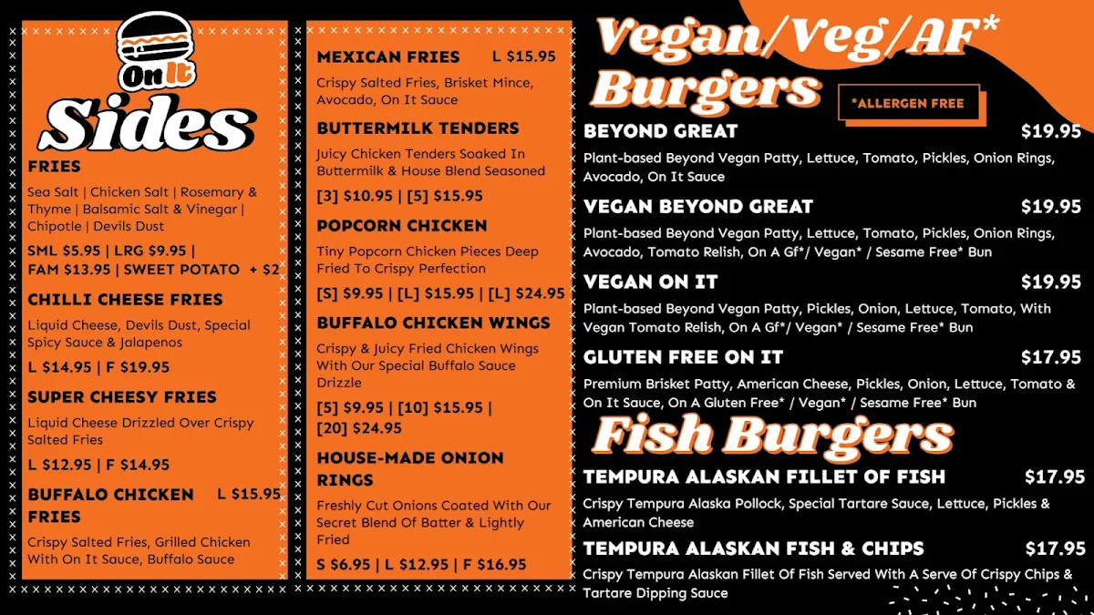 Menu, On It Burgers