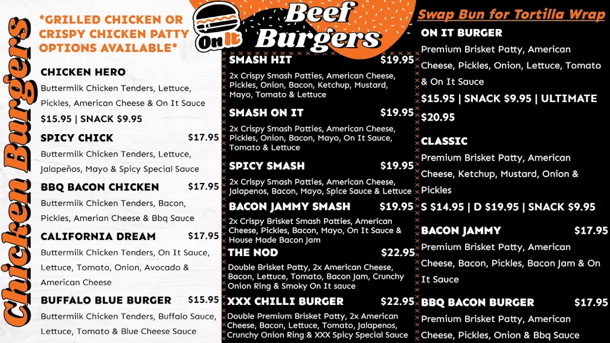 Menu, On It Burgers