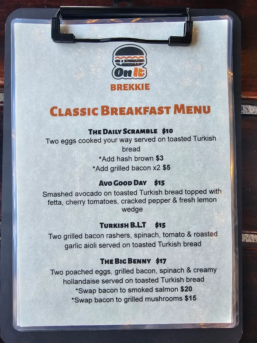 Menu, On It Burgers