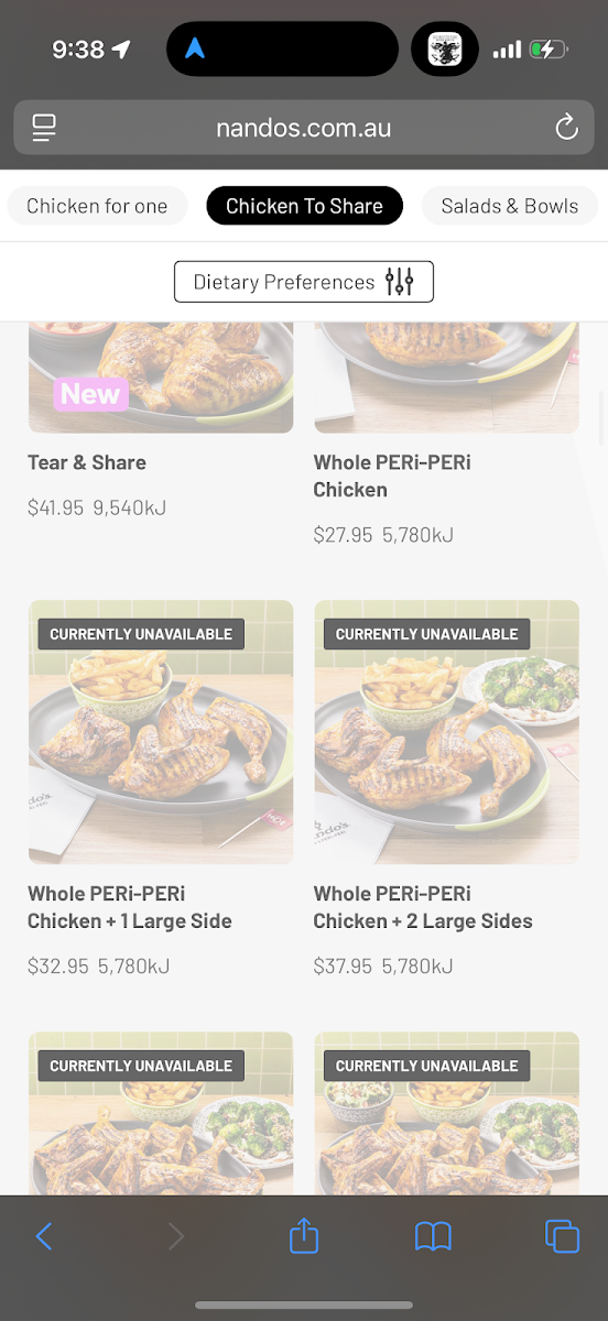 Menu, Nando's Woden