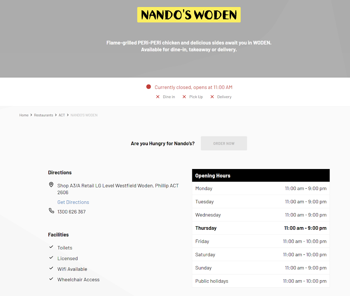 Menu, Nando's Woden