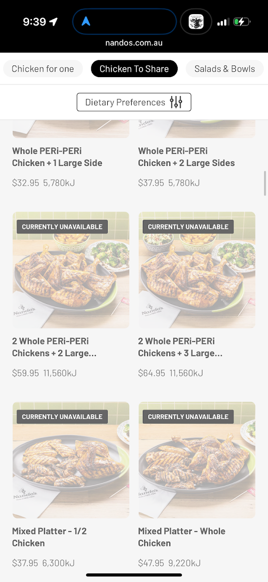 Menu, Nando's Woden