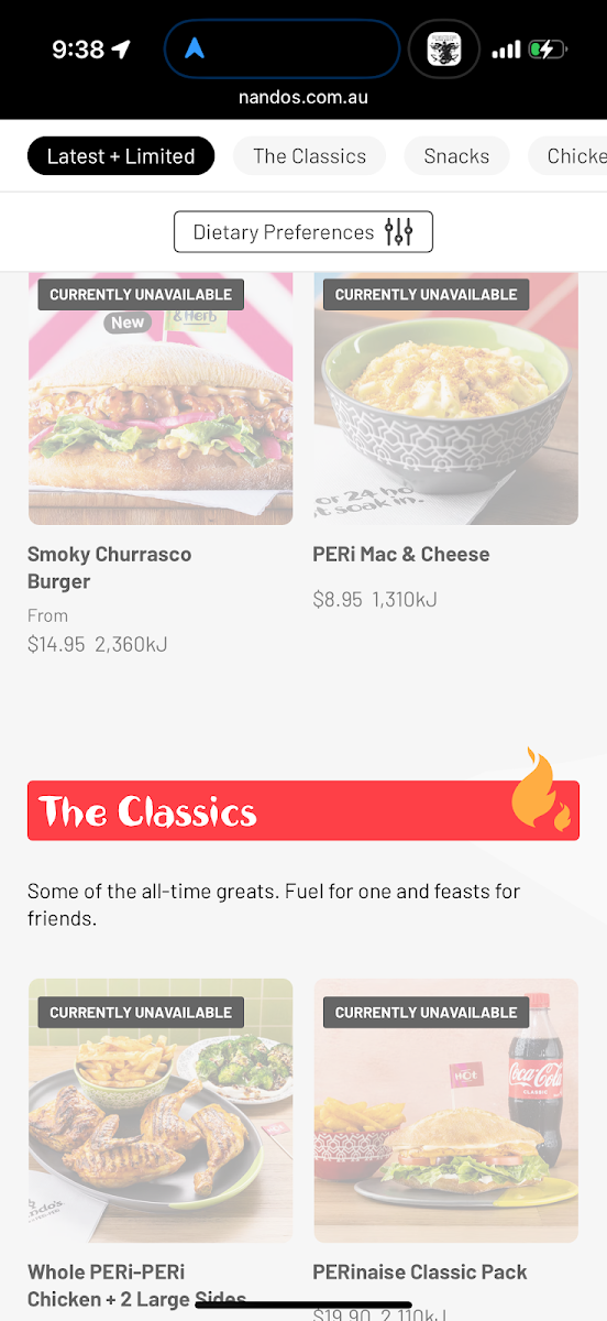 Menu, Nando's Woden