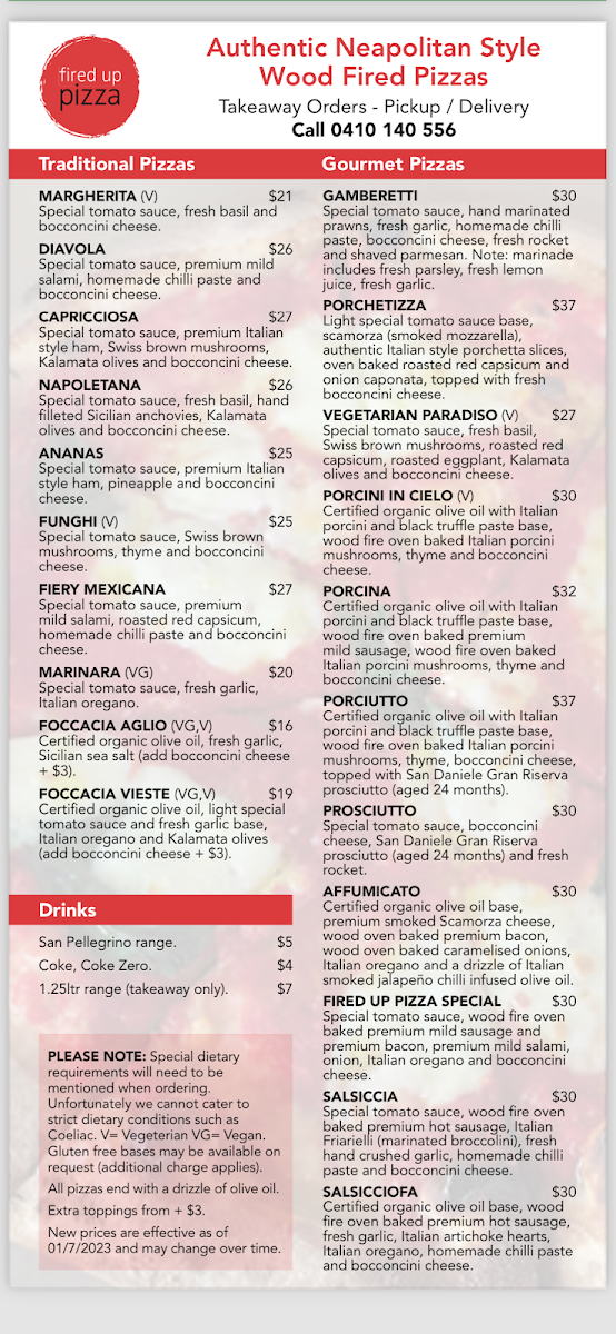 Menu, Fired Up Pizza