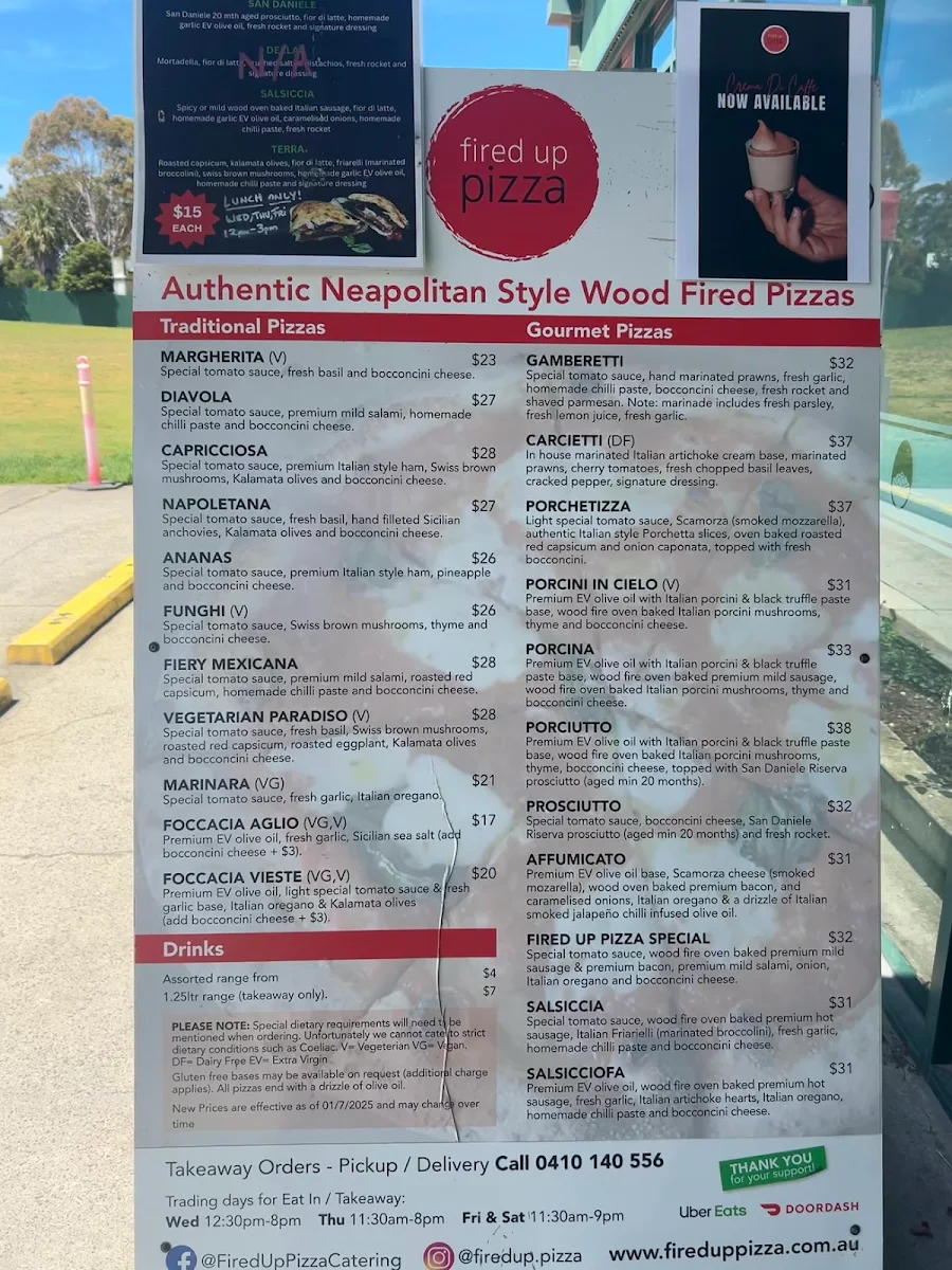 Menu, Fired Up Pizza