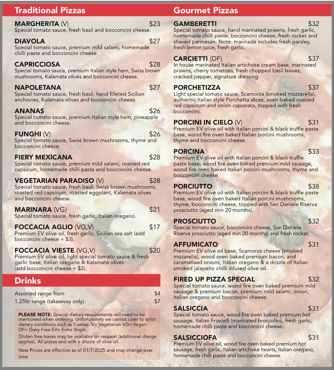 Menu, Fired Up Pizza