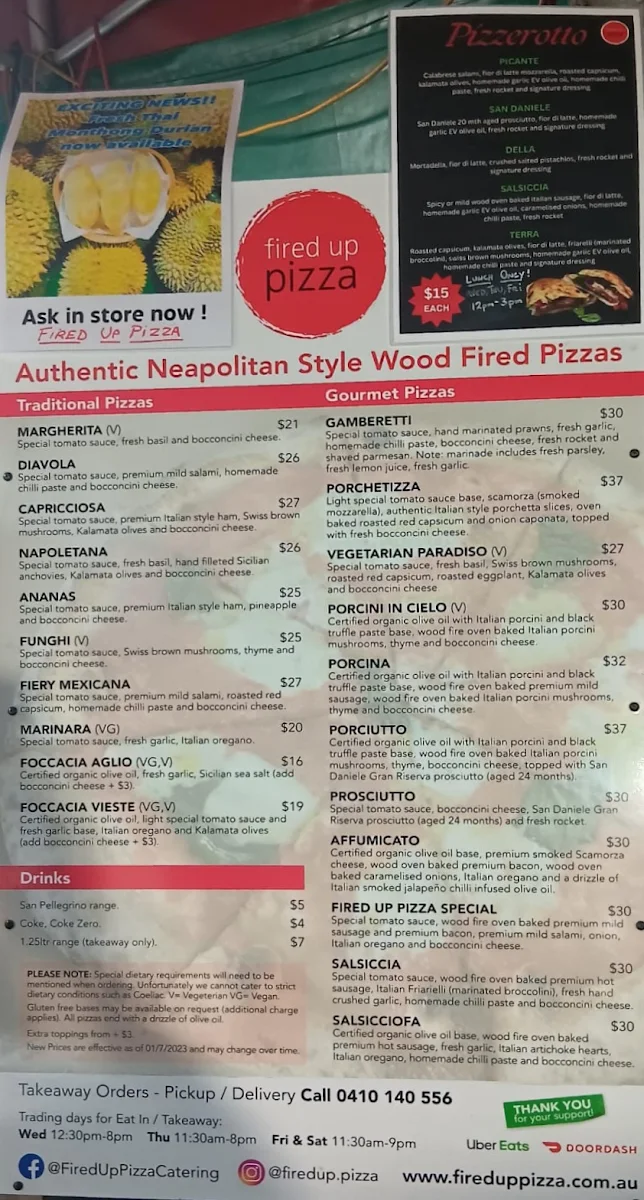 Menu, Fired Up Pizza