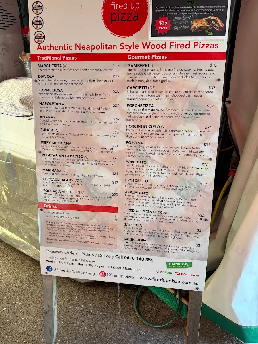 Menu, Fired Up Pizza