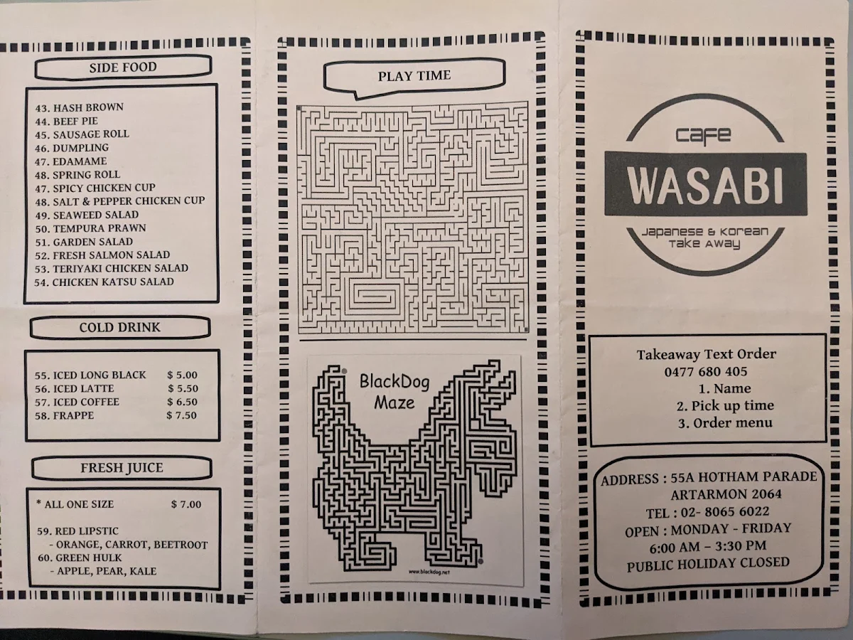 Menu, Cafe Wasabi