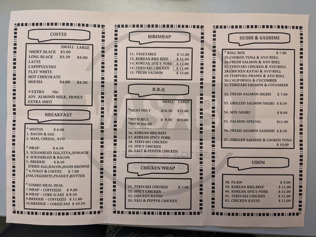 Menu, Cafe Wasabi