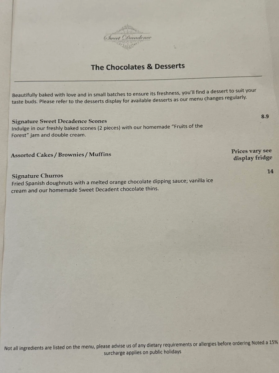 Menu, Sweet Decadence