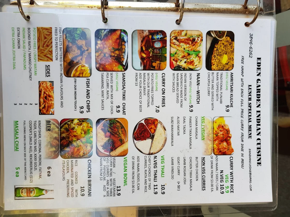 Menu, Eden Garden Indian Restaurant