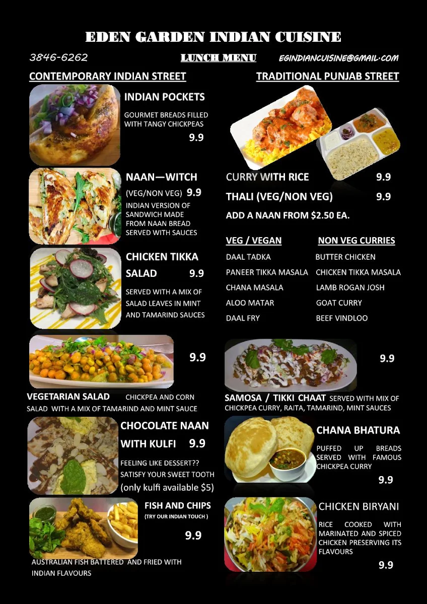 Menu, Eden Garden Indian Restaurant