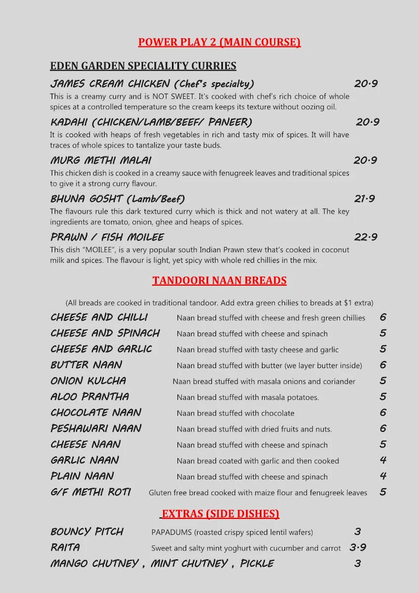 Menu, Eden Garden Indian Restaurant