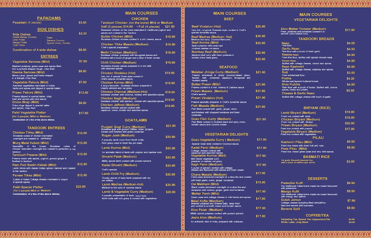 Menu, Palki Indian Restaurant