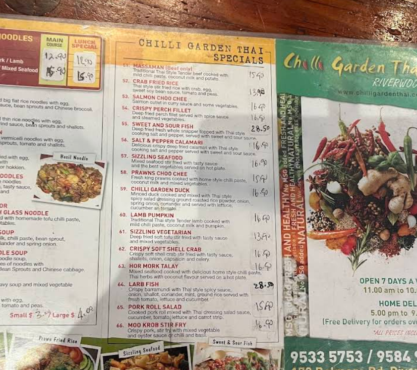 Menu, Chilli Garden Thai