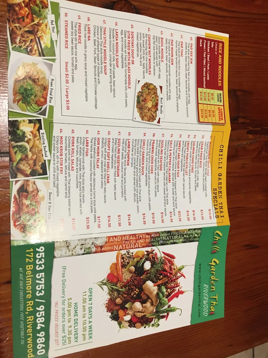 Menu, Chilli Garden Thai