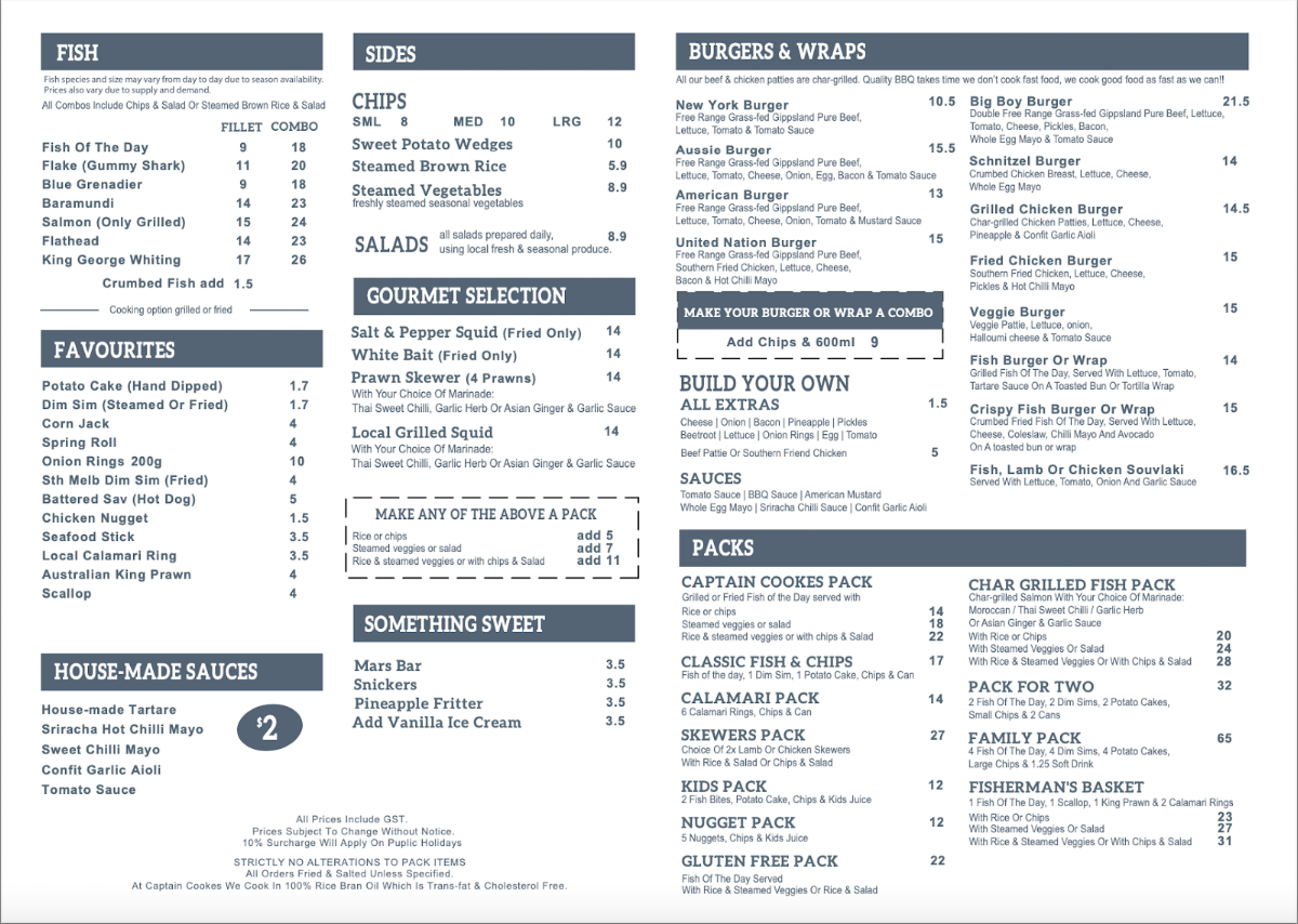 Menu, Captain Cookes Fish n Chippery